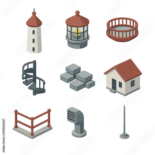 Lighthouse Architecture Icons. Isometric Flat icon set of lighthouse architectural details: tower silhouette, lantern room,