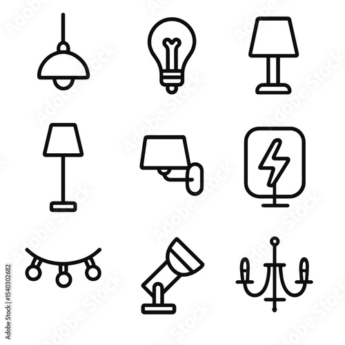 Lighting Fixture Icons. Outline icon set of lighting fixtures: hanging pendant, filament bulb, table lamp, floor lamp, sconce,
