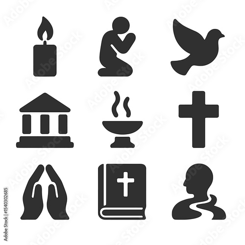 Spiritual Icon Set. Solid, filled icons set of spiritual grief expressions: candle flame, praying figure,