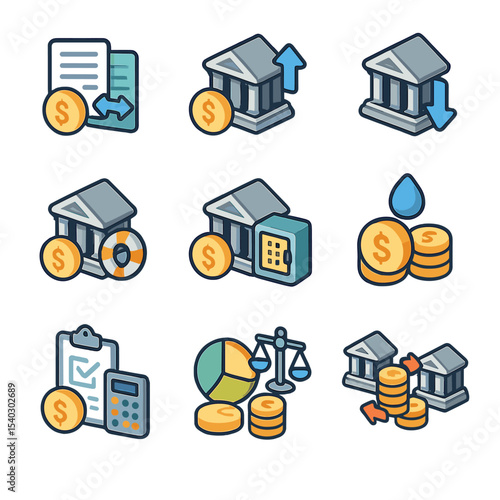 Liquidity Management Icons. Isometric Flat icon set of liquidity management operations: repo operation, reverse repo operation,
