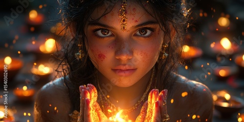 Indian Woman Holding Fire in Hands Surrounded by Glowing Candles
