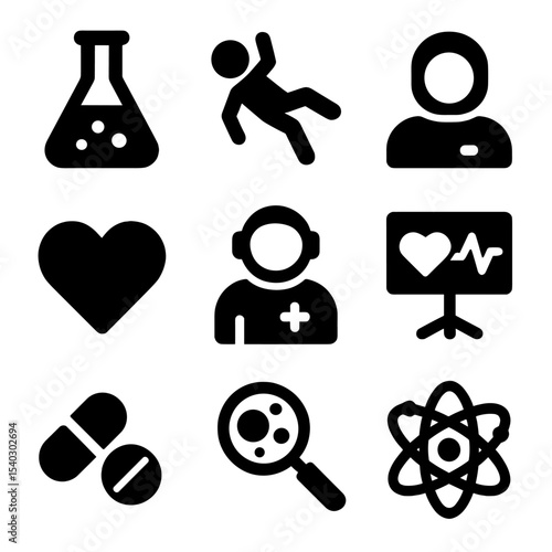 Space Medicine Icons. Solid, filled icons set of space medicine experiments: medical flask, zero gravity icon,