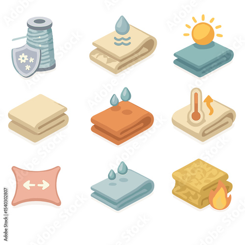 Luxury Textile Icons. Isometric Flat icon set of high-performance luxury textiles: antimicrobial silver yarn, moisture-wicking