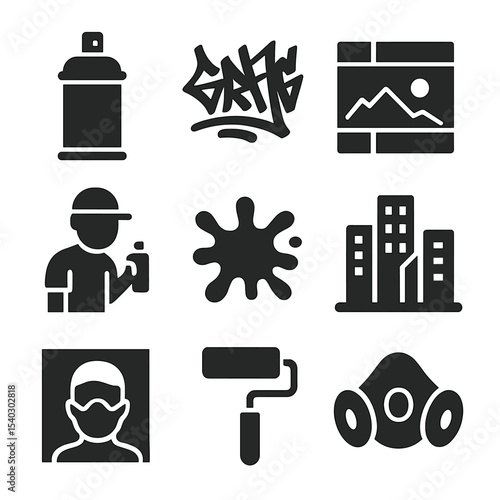 Street Art Icons. Solid, filled icons set of street art culture: spray can, graffiti tag, mural wall, street