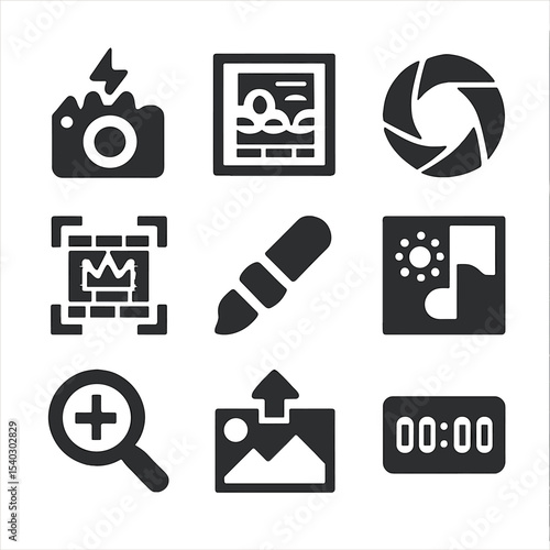 Street Art Icons. Solid, filled icons set of street art photography: camera flash, mural focus, lens icon,