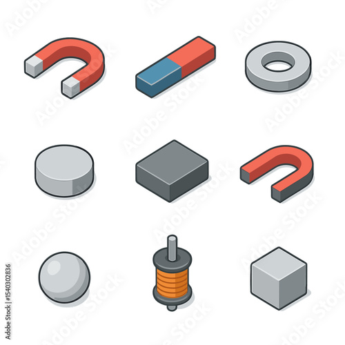 Magnet Types Grid. Isometric Flat icon set of magnet types: horseshoe magnet, bar magnet, ring magnet, neodymium disc, ceramic