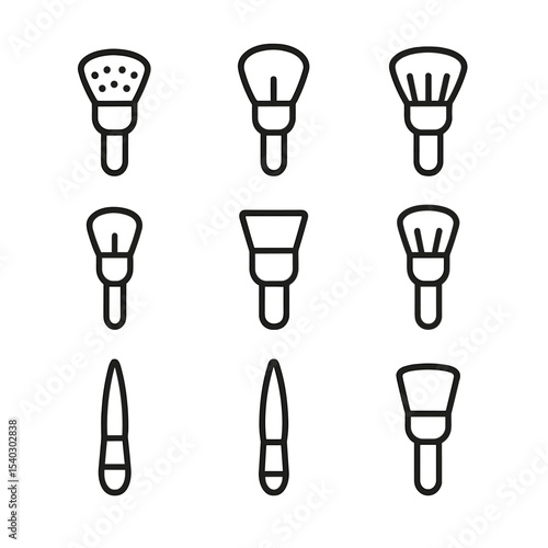 Makeup Brush Icons. Outline icon set of face makeup brushes: stippling brush, cheek brush, bronzer brush, highlighter brush, flat