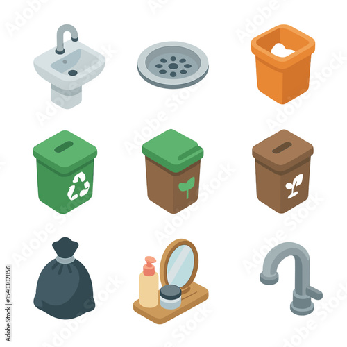 Makeup Disposal Icons. Isometric Flat icon set of makeup residue disposal setup: bathroom sink basin, drain filter, bin for used