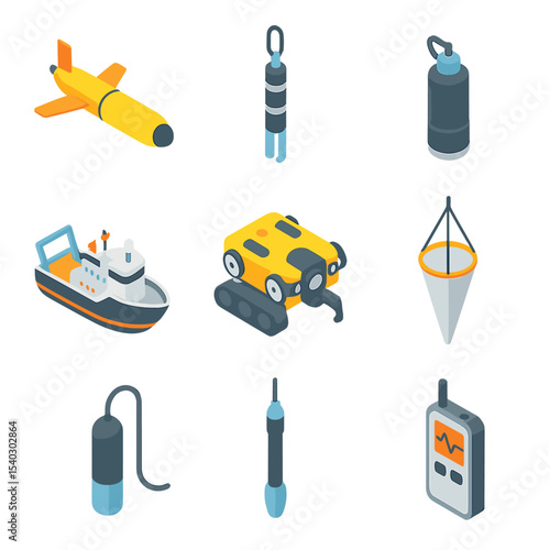 Marine Research Icons. Isometric Flat icon set of marine research and instrumentation: underwater glider, CTD probe, sampling