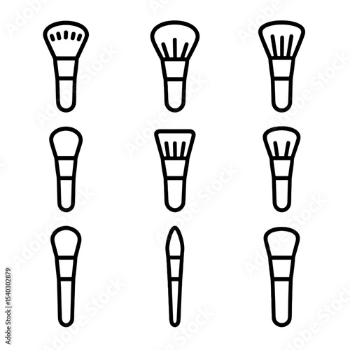 Makeup Brush Icons. Outline icon set of face makeup brushes: stippling brush, cheek brush, bronzer brush, highlighter brush, flat