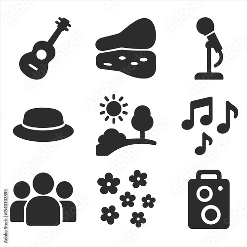 Street Music Icons. Solid, filled icons set of street music in May: acoustic guitar, open case with coins,