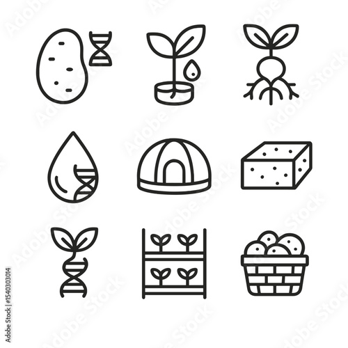 Martian Crop Icons. Outline icon set of genetically modified Martian crops: potato tuber, hydroponic leaf, root nodule, nutrient