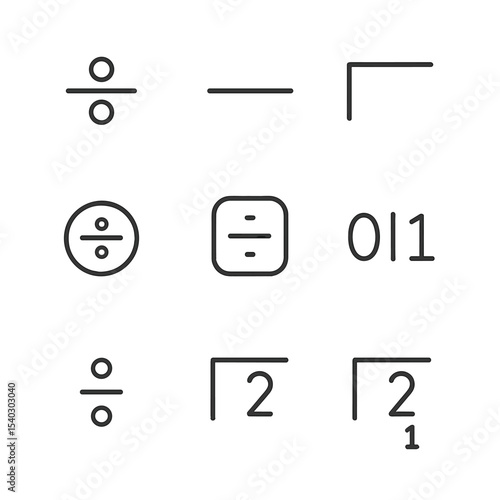Math Division Icons. Outline icon set of mathematical division symbols: ÷ symbol, fraction bar, long division bracket, division