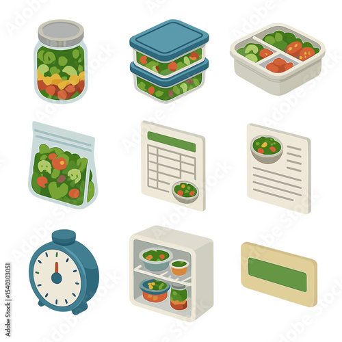 Isometric Meal Prep Icons. Isometric Flat icon set of salad bowl meal prep: mason jar salad, stackable container, portion divider,