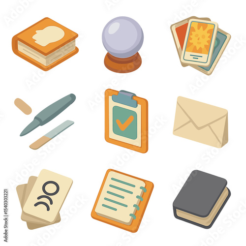 Mentalism Tools Icons. Isometric Flat icon set of mentalism tools: mind-reading book, crystal ball, psychological deck, swami