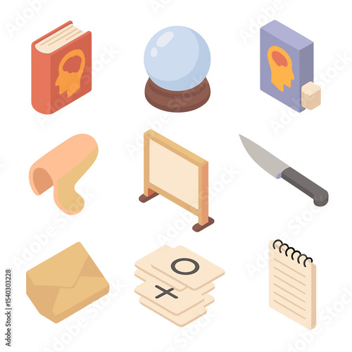 Mentalism Tools Icons. Isometric Flat icon set of mentalism tools: mind-reading book, crystal ball, psychological deck, swami