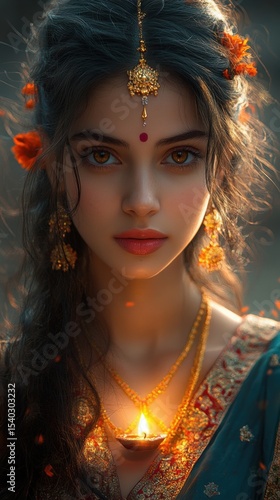 Indian Woman with Traditional Jewelry Holding a Lit Oil Lamp in Soft Focus