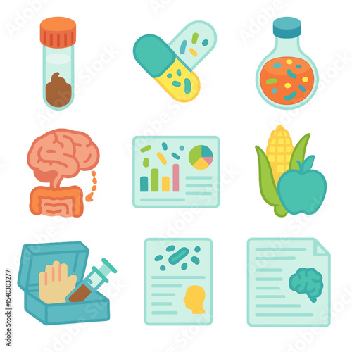Microbiome Therapy Icons. Isometric Flat icon set of microbiome-based therapies: fecal sample tube, probiotic capsule, microbial