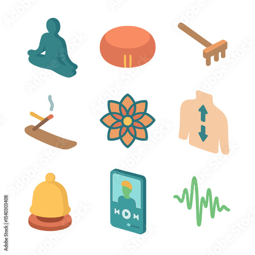 Mindfulness Icon Set. Isometric Flat icon set of mindfulness and meditation: lotus position silhouette, meditation cushion, zen