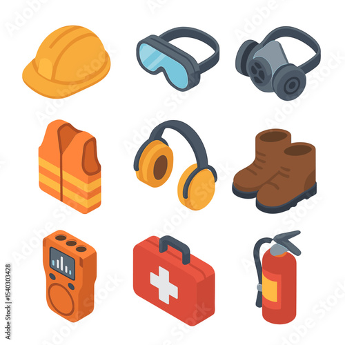 Mining Safety Icon Set. Isometric Flat icon set of mining safety and PPE: safety helmet, protective goggles, respirator mask,