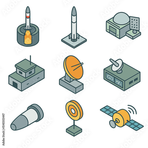 Missile Defense Icons. Isometric Flat icon set of missile defense architecture: launch silo, interceptor missile, radar tracking
