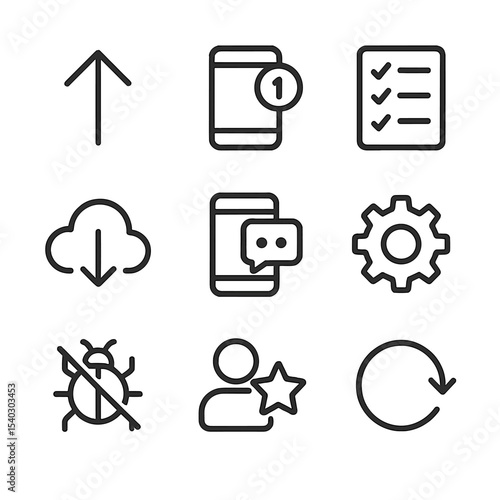 Mobile App Icon Set. Outline icon set of mobile app feature updates: update arrow, version number badge, changelog list, download