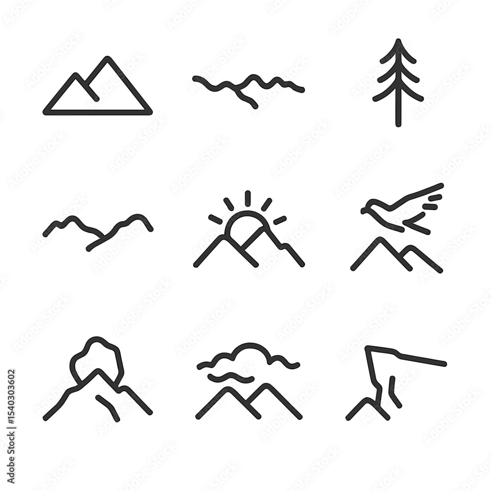 Fototapeta premium Mountain Icons Collection. Outline icon set of mountain horizon: peak range, ridge line, pine silhouette, valley outline, sun