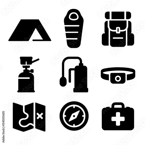 Mountain Camp Essentials Icons. Solid, Filled icon set of mountain base camp essentials: tent, sleeping bag, backpack, cooking