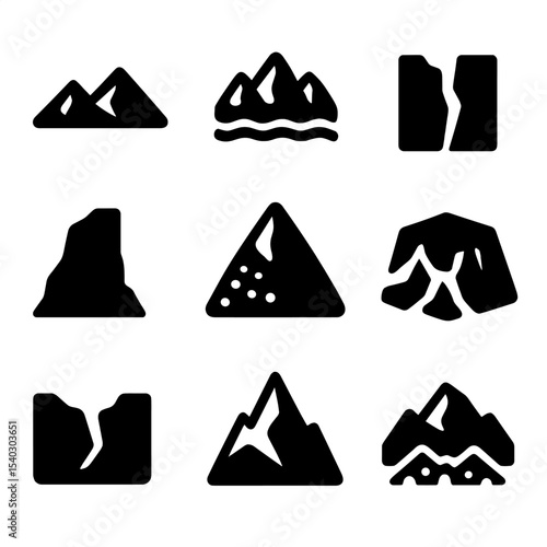 Mountain Terrain Icons. Solid, Filled icon set of mountain terrain features: ridge, glacier, crevasse, cliff, scree, plateau,