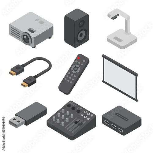 Multimedia Classroom Icons. Isometric Flat icon set of multimedia classroom tech: projector, speaker, document camera, HDMI cable,