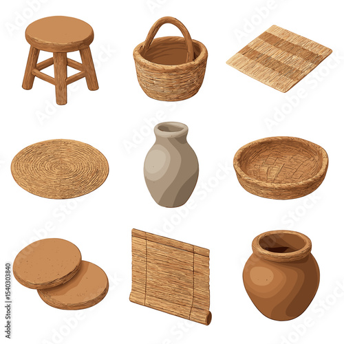 Isometric Natural Textures Icons. Isometric Flat icon set of natural textures: wooden stool, wicker basket, woven rug, jute mat,