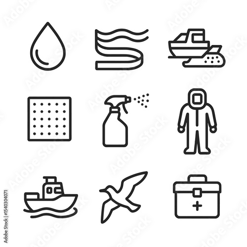 Oil Spill Icon Set. Outline icon set of oil spill response: oil droplet, containment boom, skimmer boat, absorbent pad, dispersant