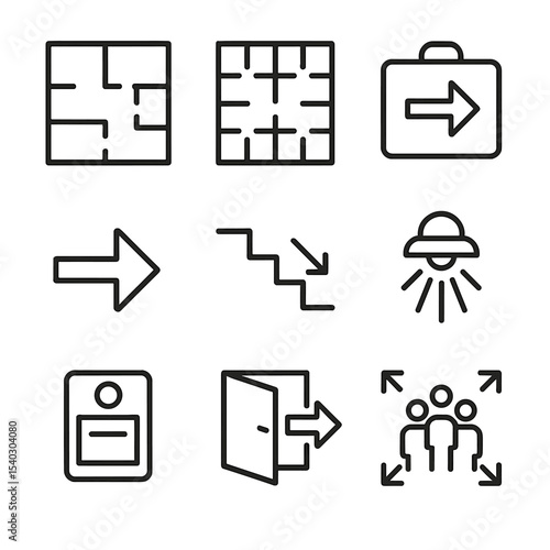Office Evacuation Icons. Outline icon set of office evacuation: office layout plan, cubicle map, exit sign, route arrow, stairs