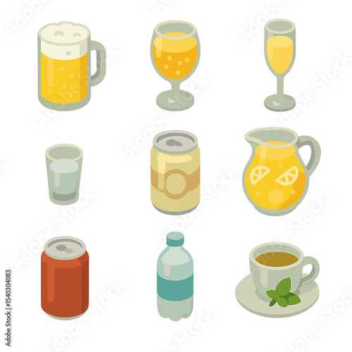 Oktoberfest Beverage Icons. Isometric Flat icon set of Oktoberfest beverages beyond beer: Radler pint, cider glass, wine flute,