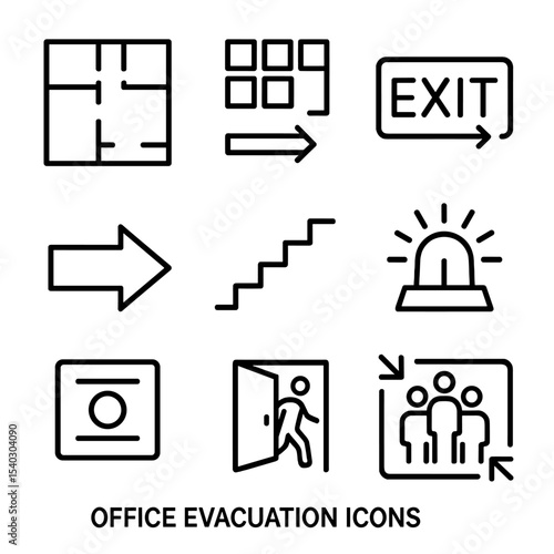 Office Evacuation Icons. Outline icon set of office evacuation: office layout plan, cubicle map, exit sign, route arrow, stairs