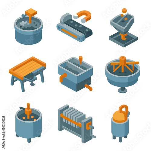 Ore Processing Icon Set. Isometric Flat icon set of ore beneficiation processes: flotation cell, magnetic separator, gravity