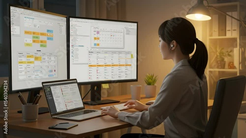 Working from home with multiple screens for productivity during evening hours