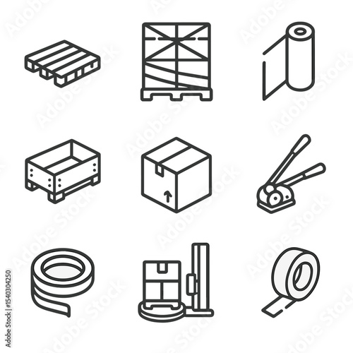 Packaging Icon Set. Outline icon set of palletizing and packaging: wooden pallet, shrink wrap, stretch film roll, pallet collar,