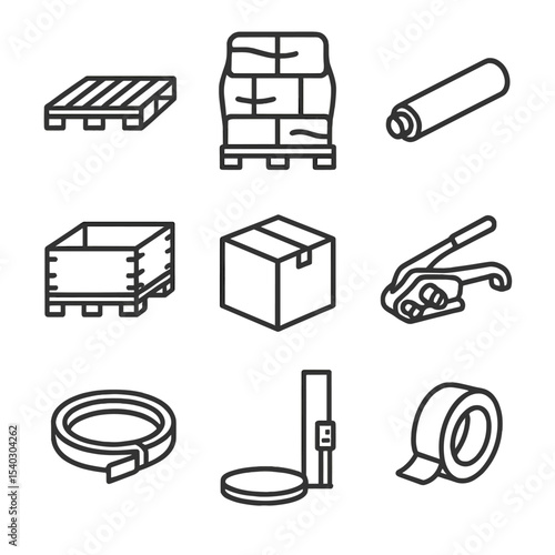 Packaging Icon Set. Outline icon set of palletizing and packaging: wooden pallet, shrink wrap, stretch film roll, pallet collar,