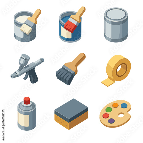 Painting Tools Icons. Isometric Flat icon set of painting and finishing: primer coat, base coat, metallic paint, airbrush gun,