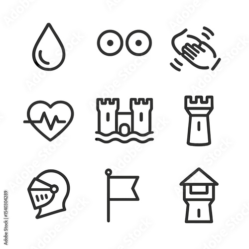 Panic and Castle Icons. Outline icon set of panic situation indicators: sweat drop, wide eyes, shaking hands, heart rate Outline