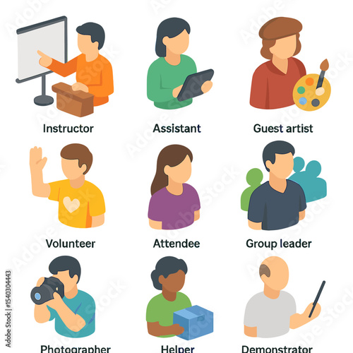 Participant Roles Icons. Isometric Flat icon set of participant roles: instructor, assistant, guest artist, volunteer, attendee,