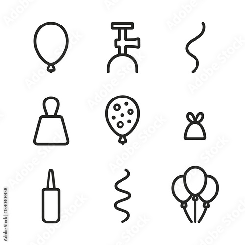 Party Balloon Icons. Outline icon set of party balloons: latex balloon, helium valve, string, weight, knot, confetti fill, pump