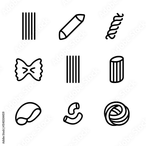 Pasta Shapes Icons. Outline icon set of pasta shapes variety: spaghetti, penne, fusilli, farfalle, linguine, rigatoni, conchiglie,