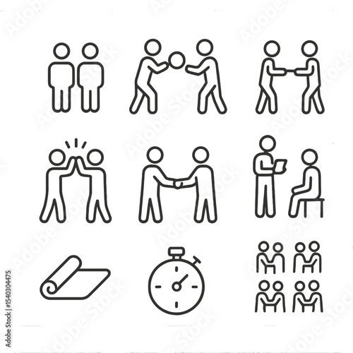 Partner Workout Icons. Outline icon set of partner workout drills: two-person icon, medicine ball toss, resistance band, high-five