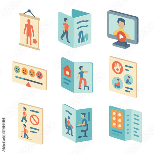 Patient Education Icons. Isometric Flat icon set of patient education materials: anatomy chart, exercise brochure, video tutorial