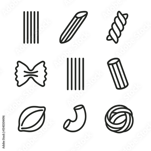 Pasta Shapes Icons. Outline icon set of pasta shapes variety: spaghetti, penne, fusilli, farfalle, linguine, rigatoni, conchiglie,