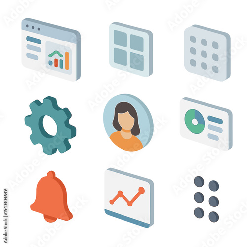 Personalized Dashboard Icons. Isometric Flat icon set of Personalized Dashboards: dashboard screen, widget panel, customizable