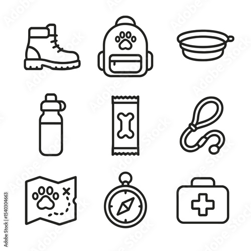 Pet Hiking Essentials. Outline icon set of pet hiking gear: hiking boots, pet backpack, collapsible bowl, water bottle, trail