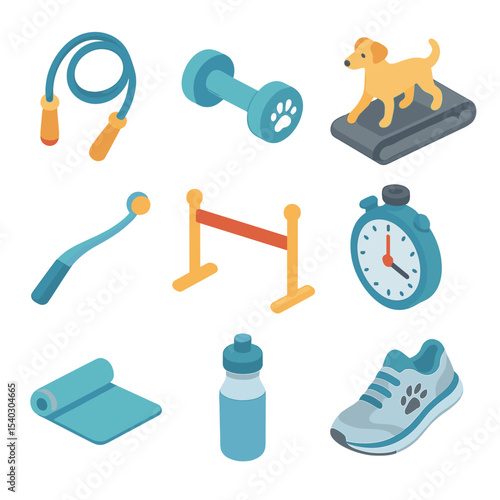 Pet Fitness Icon Set. Isometric Flat icon set of family pet fitness and exercise: jump rope, dumbbell with paw print, treadmill